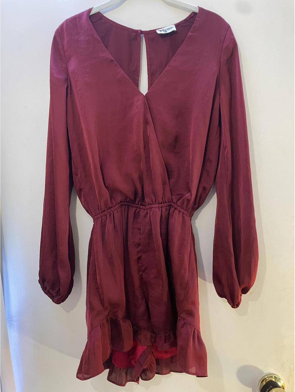 Show Me Your MUMU Burgundy Long Sleeve Silk Romper Size Small